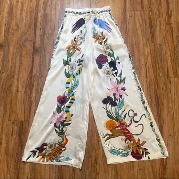 ALÉMAIS Meagan Novelty Printed 100% Silk Pants Size US 2 - Picture 4 of 16